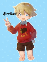 Rule 34 | 1boy, :d, blonde hair, blue background, blue eyes, bright pupils, brown shorts, child, collared shirt, commentary request, creatures (company), game freak, hair between eyes, hand on own hip, hand up, knees, long sleeves, looking at viewer, male focus, nintendo, open mouth, pokemon, pokemon swsh, red sweater, shira sawa (mofazrs), shirt, short hair, shorts, smile, solo, sweater, v, youngster (pokemon)