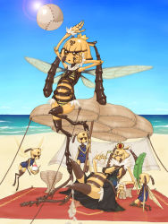 Rule 34 | 5girls, arthropod girl, ball, beach, bee girl, bikini, breasts, crown, day, extra arms, food, highres, insect girl, jon henry nam, large breasts, lens flare, monster girl, mother and daughter, multiple girls, one-piece swimsuit, outdoors, parasol, princess, queen, school swimsuit, shaved ice, swimsuit, umbrella, volleyball, volleyball (object), wings