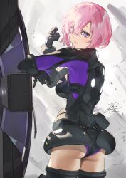 Rule 34 | 1girl, armor, ass, english text, fadingz, fate/grand order, fate (series), gloves, hair over one eye, highres, looking at viewer, looking back, mash kyrielight, open mouth, parted lips, pink hair, pixiv id, purple eyes, short hair, signature