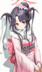 Rule 34 | 1girl, black hair, blue archive, cowboy shot, demon horns, flower, fuuka (blue archive), fuuka (new year) (blue archive), hair bun, hair flower, hair on horn, hair ornament, highres, holding, horns, japanese clothes, kimono, long sleeves, looking at viewer, makihitsuji, obi, parted bangs, red eyes, sash, simple background, smile, solo, white background, wide sleeves