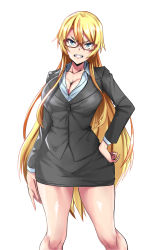 Rule 34 | 1girl, angry, black skirt, black suit, blonde hair, blue eyes, blush, breasts, business suit, cleavage, clenched teeth, female focus, formal, glasses, groin, hair between eyes, hair over shoulder, hand on own hip, highres, hip focus, large breasts, legs, legs apart, light blush, long hair, looking at viewer, nose blush, original, red-framed eyewear, simple background, skirt, solo, standing, suit, teeth, tekkyuu, thighs, v-shaped eyebrows, white background