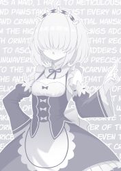 Rule 34 | 1girl, apron, arc 9 (mikoscrub), breasts, commentary, cosplay, detached sleeves, dress, english commentary, english text, greyscale, hair over eyes, hairband, hand on own hip, highres, index finger raised, long bangs, mikoscrub, monochrome, original, ram (re:zero), ram (re:zero) (cosplay), re:zero kara hajimeru isekai seikatsu, ribbon-trimmed sleeves, ribbon trim, small breasts, solo, waist apron