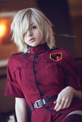 Rule 34 | 1girl, alternate costume, blonde hair, breasts, closed mouth, cosplay, female focus, hellsing, highres, large breasts, looking at viewer, photo (medium), police, police uniform, red eyes, seras victoria, short hair, solo, stephanie fischer, tagme, uniform, vampire