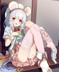 Rule 34 | 1girl, animal ears, ass, bar censor, blush, boots, bow, bowtie, censored, fake animal ears, granblue fantasy, hair ornament, hairband, hairclip, heavy breathing, highres, indoors, long hair, looking at viewer, mouse ears, open mouth, panties, panties around leg, pink skirt, pink thighhighs, pleated skirt, pussy juice, red bow, red bowtie, red eyes, sawayaka samehada, shirt, short sleeves, sitting, skirt, solo, stained clothes, steaming body, sweat, thighhighs, thighhighs pull, underwear, vikala (granblue fantasy), white hair, white panties, white shirt, wrist cuffs