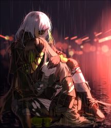 Rule 34 | 2girls, arm strap, armband, armor, blonde hair, blurry, blurry background, boots, braid, brown hair, clothes around waist, crying, damaged, eyepatch, girls&#039; frontline, gloves, green hair, hand on another&#039;s arm, head hug, jacket, jacket around waist, knee boots, knee pads, lights, long hair, m16a1 (boss) (girls&#039; frontline), m16a1 (girls&#039; frontline), m4a1 (girls&#039; frontline), m4a1 (mod3) (girls&#039; frontline), mod3 (girls&#039; frontline), multicolored hair, multiple girls, night, parted lips, pouch, rain, ripples, scar, scar across eye, scar on face, scarf, silence girl, sitting, spoilers, streaked hair, thigh strap, thighhighs, torn clothes, wet, white hair