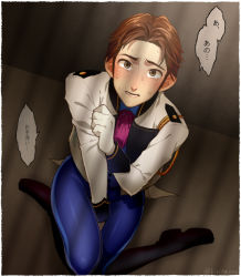 Rule 34 | 1boy, blue eyes, blush, boots, from above, frozen (disney), hans (frozen), kiri futoshi, kneeling, male focus, open mouth, red hair, short hair, solo, spoilers, translation request