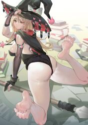 Rule 34 | 1girl, absurdres, bare back, bare legs, barefoot, black gloves, black hat, blonde hair, book, breasts, elbow gloves, feet, gloves, hat, highres, leotard, long hair, looking at viewer, looking back, nils, playboy bunny, sakura-sou no pet na kanojo, shiina mashiro, sideboob, soles, strapless, strapless leotard, toes, witch hat