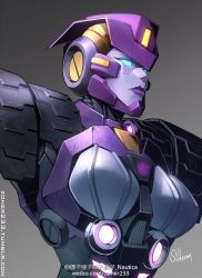 Rule 34 | 1girl, artist name, blue eyes, commentary, dark persona, decepticon, english commentary, fusion, gradient background, insignia, looking down, mask, mecha, nautica (transformers), purple lips, robot, solo, tarn, the transformers (idw), transformers, tumblr username, weibo logo, weibo watermark, weibo watermark, zoner