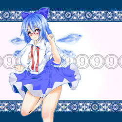 Rule 34 | bespectacled, blue eyes, blue hair, blush, bow, breasts, circled 9, circussion, cirno, cleavage, glasses, hair bow, ice, large breasts, aged up, short hair, skirt, solo, touhou, wings