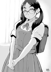 Rule 34 | 1girl, absurdres, backpack, bag, glasses, greyscale, hadashi no kenji, hair ornament, hairclip, highres, indoors, monochrome, original, own hands together, school uniform, short sleeves, skirt, solo, standing, twintails