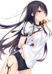 Rule 34 | 1girl, arms behind back, black hair, blue eyes, blurry, bread eating race, breasts, buruma, coffee-kizoku, contrapposto, cowboy shot, depth of field, gym uniform, half-closed eyes, highres, long hair, looking at viewer, medium breasts, mouth hold, original, shiramine rika, short sleeves, sidelocks, simple background, solo, striped, tsurime, very long hair, white background