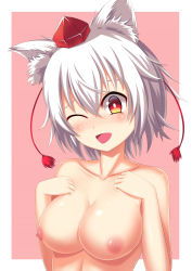 Rule 34 | 1girl, ;d, absurdres, animal ears, blush, border, breasts, chinese commentary, collarbone, commentary request, hair between eyes, hands on own chest, hands up, hat, highres, inubashiri momiji, large breasts, looking at viewer, nipples, nude, one eye closed, open mouth, outside border, pink background, red eyes, shiny skin, short hair, silver hair, simple background, smile, solo, tassel, tokin hat, touhou, upper body, white border, wolf ears, wuwusan