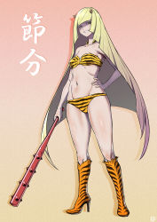 Rule 34 | 1girl, alternate color, arm at side, artist name, bad id, bad pixiv id, bandeau, bare arms, bare shoulders, blonde hair, boots, breasts, clenched teeth, club, club (weapon), collarbone, colored skin, cone horns, cosplay, creatures (company), cup, full body, game freak, gradient background, gradient hair, green eyes, groin, hand on own hip, high heel boots, high heels, highres, holding, holding weapon, horns, ikuchan kaoru, jewelry, kanabou, legs apart, long hair, looking at viewer, lum, lum (cosplay), lusamine (pokemon), md5 mismatch, medium breasts, midriff, multicolored hair, multicolored skin, navel, necklace, nintendo, oni, pokemon, pokemon sm, red background, resolution mismatch, setsubun, shaded face, shadow, shiny skin, solo, source larger, spiked club, stomach, sweat, teeth, tiger stripes, urusei yatsura, very long hair, weapon