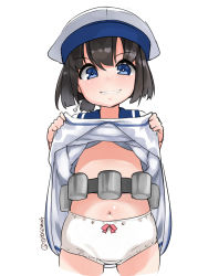 Rule 34 | 1girl, black hair, blue eyes, blue sailor collar, bob cut, clothes lift, commentary request, daitou (kancolle), depth charge, dress, dress lift, grin, hat, high ponytail, highres, kantai collection, looking at viewer, panties, sailor collar, sailor dress, sailor hat, short hair, short sleeves, sidelocks, simple background, smile, solo, takase muh, underwear, white background, white dress, white hat, white panties