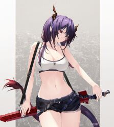 Rule 34 | 1girl, absurdres, arknights, bare arms, bare shoulders, bespectacled, black shorts, breasts, camisole, ch&#039;en (arknights), chi xiao (arknights), cleavage, commentary, cowboy shot, crop top, dragon horns, glasses, head tilt, highres, holding, holding sword, holding weapon, horns, long hair, looking at viewer, medium breasts, midriff, nash11, navel, purple hair, red eyes, round eyewear, scabbard, sheath, sheathed, short shorts, shorts, solo, spaghetti strap, standing, stomach, sword, tail, thighs, weapon