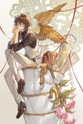Rule 34 | 1boy, black shirt, brown footwear, brown hair, brown wings, cup, closed eyes, feathered wings, fingers to mouth, flower, granblue fantasy, j999, jewelry, male focus, map, necklace, necktie, pants, pearl necklace, sandalphon (granblue fantasy), shirt, sitting, teacup, vest, white pants, wings