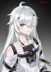 Rule 34 | 1girl, ahoge, angry, bandage over one eye, closed mouth, dated, detached sleeves, dress, grey dress, grey eyes, grey hair, grey sleeves, hair between eyes, highres, long hair, long sleeves, looking at viewer, no.21: xxi (punishing: gray raven), no.21 (punishing: gray raven), pale skin, punishing: gray raven, shui qian he kafei, sidelocks