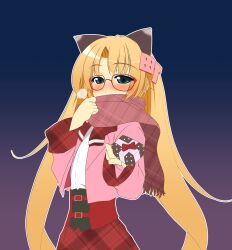 Rule 34 | 1girl, animal ears, atelier-moo, blonde hair, box, box of chocolates, cat ears, chocolate, closed mouth, covering own mouth, cowboy shot, curtained hair, embarrassed, food, gift, gift box, glasses, green eyes, hair ornament, happy valentine, highres, holding, holding food, long hair, machida madoka, machidake, plaid, plaid skirt, red-framed eyewear, scarf, skirt, solo, standing, twintails, valentine