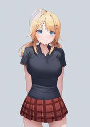 Rule 34 | 1girl, ahoge, aqua eyes, arms behind back, black shirt, blonde hair, blush, breasts, collared shirt, commentary request, grey background, hachimiya meguru, highres, idolmaster, idolmaster shiny colors, large breasts, looking at viewer, pepeo, plaid, plaid skirt, pleated skirt, red skirt, shirt, short sleeves, simple background, skirt, smile, solo, twintails