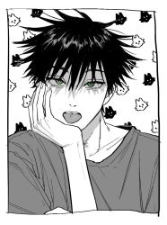 Rule 34 | 1boy, :p, animal print, commentary, dog print, eyelashes, fushiguro megumi, green eyes, hair between eyes, hand on own cheek, hand on own face, head tilt, jujutsu kaisen, li chestnuts, looking at viewer, male focus, monochrome, shirt, short hair, solo, spot color, symbol-only commentary, tongue, tongue out