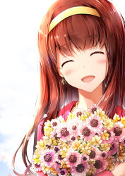 Rule 34 | 1girl, ^ ^, absurdres, blush, brown hair, closed eyes, commentary request, earrings, flower, hairband, highres, idolmaster, idolmaster million live!, idolmaster million live! theater days, jewelry, long hair, looking at viewer, open mouth, ro risu, smile, solo, tanaka kotoha