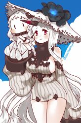 Rule 34 | absurdly long hair, abyssal ship, blush, blush stickers, claws, colored skin, flower, hat, highres, horns, kantai collection, kobone, long hair, mittens, northern ocean princess, pale skin, red eyes, seaport princess, single horn, size difference, very long hair, white hair, white skin