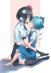 Rule 34 | 2girls, barefoot, black hair, black ribbon, black skirt, blue bow, blue dress, blue eyes, blue hair, blue wings, blush, bow, cirno, commentary request, dress, eye contact, from side, full body, grin, hair bow, hat, highres, ice, ice wings, looking at another, miniskirt, multiple girls, neck ribbon, no shoes, parted lips, pleated skirt, pointy ears, pom pom (clothes), profile, puffy short sleeves, puffy sleeves, rectangle, red eyes, red ribbon, ribbon, roke (taikodon), shadow, shameimaru aya, shirt, short hair, short sleeves, simple background, sitting, skirt, smile, tassel, thighhighs, thighs, tokin hat, touhou, white background, white shirt, wing collar, wings, yuri