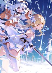 Rule 34 | 2girls, :o, ahoge, arm up, bare shoulders, black gloves, blonde hair, blue cape, blue eyes, blue sky, blush, breasts, cape, capelet, clear sky, commentary request, constellation, dress, eyelashes, floating, flower, flying, gauntlets, genshin impact, gloves, grey eyes, hair between eyes, hair flower, hair ornament, halo, highres, holding, holding sword, holding weapon, koka (rikku-file), long hair, looking at viewer, lumine (genshin impact), mechanical halo, multiple girls, open mouth, outstretched arm, paimon (genshin impact), pillar, puffy sleeves, short hair, sideboob, sidelocks, sky, sword, thighhighs, thighs, weapon, white dress, white flower, white hair, white legwear, yellow eyes