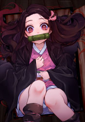 Rule 34 | 1girl, bamboo, bow, brown eyes, brown hair, clenched hands, comic, commentary request, fingernails, hair bow, hands on own chest, japanese clothes, kamado nezuko, kimetsu no yaiba, kimono, legs together, long fingernails, long hair, long sleeves, looking at viewer, march ab, mouth hold, obi, sash, short kimono, sitting, twitter username, upper body, wide sleeves