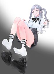 Rule 34 | 1girl, 3f1n92k0, absurdres, ankle boots, belt boots, blue eyes, boots, cross-laced footwear, double v, feet, grey hair, highers, highres, lace-up boots, long hair, parted lips, platform footwear, shoe soles, shoes, smile, socks, soles, steam, twintails, unworn shoes, v, white socks