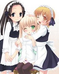Rule 34 | 3girls, ;d, ahoge, black eyes, black hair, blonde hair, blush, bow, bow panties, dress shirt, green eyes, holding hands, hand on another&#039;s head, hug, looking at viewer, maid, maid headdress, multiple girls, no pants, nullken, one eye closed, open mouth, orange eyes, orange hair, original, panties, pink panties, shirt, sitting, smile, thighhighs, twintails, underwear, white shirt