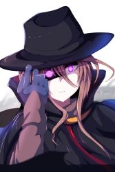 Rule 34 | 1girl, arm up, bad id, bad twitter id, black cape, black hat, blue gloves, blurry, blurry background, blurry foreground, brown hair, brown shirt, cape, closed mouth, commentary request, depth of field, gloves, glowing, glowing eyes, hair between eyes, hand on headwear, hat, highres, long hair, long sleeves, looking at viewer, original, purple eyes, shirt, solo, wada kazu, white background