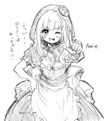 Rule 34 | 1girl, annie (league of legends), blush, character name, dress, female focus, flat chest, hand on own hip, hood, league of legends, looking at viewer, monochrome, one eye closed, open mouth, otani (kota12ro08), pointing, pointing at viewer, puffy short sleeves, puffy sleeves, red riding annie, short hair, short sleeves, sketch, smile, solo, white background