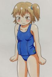 Rule 34 | 1girl, angry, blue one-piece swimsuit, blush, breasts, brown eyes, brown hair, clenched hands, collarbone, grey background, highres, long hair, looking at viewer, marup, one-piece swimsuit, ponytail, school swimsuit, side ponytail, small breasts, standing, swimsuit, tears