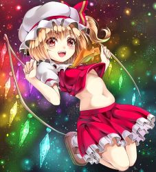 Rule 34 | 1girl, ascot, blonde hair, bow, breasts, child, female focus, flandre scarlet, glowing, glowing wings, hat, hat bow, jumping, looking at viewer, md5 mismatch, midriff, mikoma sanagi, mob cap, navel, open mouth, pink eyes, puffy sleeves, shirt, shoes, short sleeves, side ponytail, skindentation, skirt, small breasts, smile, socks, solo, teeth, touhou, underboob, underwear, upshirt, vest, wings