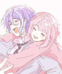 Rule 34 | 1boy, 1girl, arms at sides, black necktie, blue hair, cardigan, closed eyes, collared shirt, diagonal-striped clothes, diagonal-striped necktie, dot nose, furrowed brow, grey cardigan, hair between eyes, high collar, hug, hug from behind, kamishiro rui, kamiyama high school uniform (project sekai), laughing, light blush, multicolored hair, necktie, ootori emu, open mouth, outstretched arms, pale color, pastel colors, pink cardigan, pink hair, project sekai, purple hair, rui5656, school uniform, shirt, short hair, simple background, smile, streaked hair, striped, striped clothes, striped necktie, swept bangs, teeth, upper teeth only, white background, white shirt