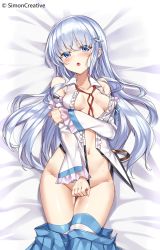 Rule 34 | 1girl, bare shoulders, blue eyes, blue hair, blush, breasts, clothes pull, collarbone, copyright notice, dakimakura (medium), detached sleeves, groin, hair between eyes, hair ornament, highres, holding own arm, kuuki shoujo, long hair, long sleeves, looking at viewer, lying, medium breasts, navel, neck ribbon, no panties, open clothes, open mouth, open shirt, pleated skirt, red ribbon, ribbon, shirt, sideboob, simon creative tw, skirt, skirt pull, sleeveless, sleeveless shirt, solo, stomach, stomach day, the personification of atmosphere, thighhighs
