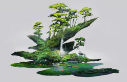 Rule 34 | absurdres, bonsai, bush, commentary, flower, grey background, haru akira, highres, leaf, lily pad, moss, nature, no humans, original, red flower, scenery, simple background, tree, water, waterfall