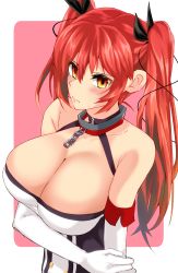 Rule 34 | 1girl, azur lane, black ribbon, breasts, broken, chain, cleavage, collar, collarbone, dress, elbow gloves, for-u, gloves, hair ribbon, highres, honolulu (azur lane), large breasts, looking at viewer, red hair, ribbon, solo, tsundere, twintails, upper body, yellow eyes