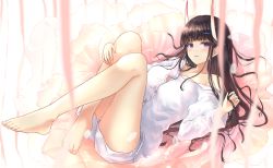 Rule 34 | 1girl, ass, azur lane, bare legs, barefoot, bed sheet, black hair, blunt bangs, blurry, collared shirt, commentary request, depth of field, hair ornament, hairclip, horns, legs up, long hair, long sleeves, looking at viewer, lying, noshiro (azur lane), noshiro (cozy enclave) (azur lane), notofuku, on back, oni horns, parted lips, purple eyes, ribbon, shirt, shorts, sidelocks, smile, solo, thighs, white shirt, white shorts
