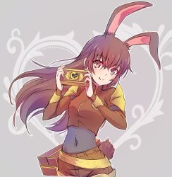 Rule 34 | 1girl, animal ears, brown eyes, brown hair, rabbit ears, rabbit tail, camera, check commentary, commentary request, iesupa, rabbit girl, rwby, shoulder pads, solo, tail, velvet scarlatina