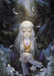 Rule 34 | 1girl, absurdres, alcd, bird, cross, feathers, flower, highres, jewelry, long hair, looking at viewer, necklace, original, owl, pixiv fantasia, pixiv fantasia new world, robe, silver hair, solo, yellow eyes