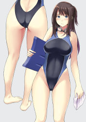 Rule 34 | 10s, 1girl, ass, blue eyes, brown hair, butt crack, competition swimsuit, facing viewer, goggles, goggles around neck, highres, kickboard, long hair, looking at viewer, neginegio, one-piece swimsuit, one side up, seiren, side ponytail, solo, swim cap, unworn swim cap, swimsuit, tsuneki hikari
