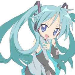 Rule 34 | 1girl, bad id, bad pixiv id, blue eyes, core (mayomayo), cosplay, detached sleeves, female focus, green hair, hatsune miku, hatsune miku (cosplay), headphones, headset, hiiragi kagami, long hair, lucky star, microphone, simple background, solo, tsurime, twintails, vocaloid, white background