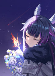 Rule 34 | 1girl, black hair, blunt bangs, closed eyes, coat, columbina (genshin impact), commentary request, czk, feather hair ornament, feathers, fur-trimmed coat, fur trim, genshin impact, hair ornament, highres, long hair, long sleeves, sidelocks, simple background, smile, solo
