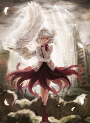 Rule 34 | 1girl, angel wings, arm rest, boots, bow, city, cloud, cloudy sky, commentary request, dress, feathers, glowing, glowing feather, hand over face, jacket, kame (turtleaugur), kishin sagume, legs, light rays, long sleeves, orange eyes, purple dress, ruins, short hair, silver hair, single wing, sky, solo, sunlight, thighs, touhou, white wings, wind, wings