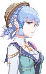 Rule 34 | 1girl, absurdres, artist name, ayaka (genshin impact), blue eyes, blue hair, blunt bangs, blunt tresses, braid, breasts, butterfly hair ornament, collar, flower, genshin impact, hair flower, hair ornament, hair up, hat, hat ribbon, high collar, highres, light blue hair, long sleeves, looking at viewer, official alternate costume, official alternate hairstyle, quietmrcat, ribbon, simple background, small breasts, solo, twin braids, upper body, white background, white collar, white ribbon