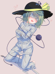 Rule 34 | 1girl, :d, absurdres, barefoot, blindfold, blush, bound, bound arms, commentary request, dutch angle, green hair, hat, hat ribbon, heart, highres, kneeling, komeiji koishi, medium hair, menou 74, open mouth, ribbon, simple background, smile, solo, spoken heart, straitjacket, third eye, torn clothes, torn hat, touhou