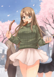 Rule 34 | 1girl, akemiho tabi nikki, bad id, bad pixiv id, blush, breasts, brown eyes, brown hair, cherry blossoms, food, glasses, hanami, highres, kouno hikaru, large breasts, long hair, looking at viewer, mouth hold, oribe shiori, original, petals, ribbed sweater, solo, solo focus, sweater, tree