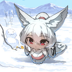 Rule 34 | 1girl, absurdly long hair, animal ear fluff, animal ears, bare tree, barefoot, blue sky, branch, breath, chibi, commentary request, day, flower, fox ears, fox girl, fox tail, full body, grey hair, hair between eyes, highres, japanese clothes, kimono, long hair, long sleeves, mountain, obi, original, outdoors, parted lips, ponytail, red eyes, sash, sky, snow, snowman, solo, tail, tree, very long hair, white kimono, wide sleeves, yellow flower, yuuji (yukimimi)